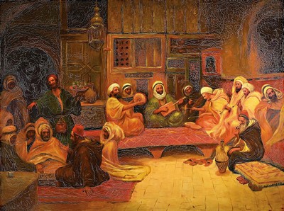 Unbekannter Orientalist, um 1900, Männer im Gespräch, Öl/Lwd, unsigniert, altersbedingt stark krakeliert, ca. 92x122cm aus der Villa Bled Targui ...