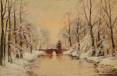 Voberg, Maler der 1. Hälfte des 20. Jh., verschneite Winterlandschaft mit Wehr, Öl/Holz, rechts unten signiert, ca. 40x60cm, mit ca. 16cm breitem ...