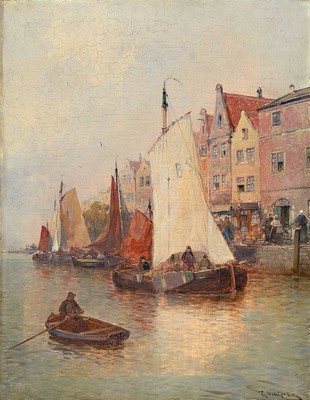 Karl Wagner, 1839 Karlsruhe-1923 Düsseldorf, Holländische Hafenansicht, Öl/Lwd, rechts unten signiert, ca. 58x45cm, R. ca. 68x55cm, Rahmen besch.