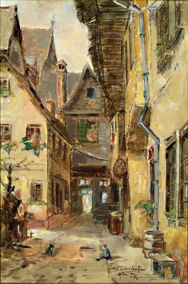 Carl Dörrbecker, 1894 - 1983,, Frankfurter Altstadtmaler, rückseitig, bezeichnet: hinter der Altegasse.. das Motiv der alten Häuser a.d. 15. ...