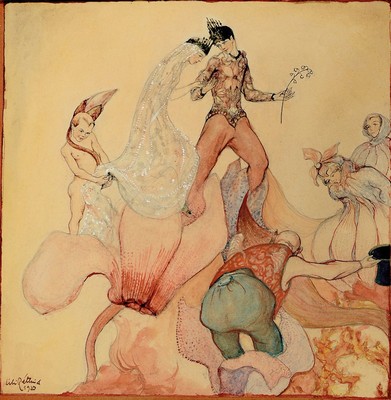 Lili Rethi, 1894 Wien, lebte in New York 1969, wohl Darstellung einer Elfenhochzeit auf Blüten, märchenhafte Szenerie, feine Gouachemalerei auf ...