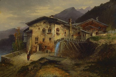 Karl Kaufmann, 1843 Neuplachowitz - 1905 Wien, Mühle in Alpenlandschaft, Öl/Holz, sign., K. Kaufmann Wien 1885, ca. 26 x 40 cm, Rahmen 49 x 62 cm