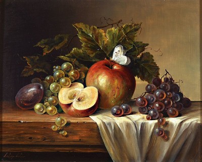 Lutger Libor, zeitgenössischer Traditionalist, Stillleben mit Obst und Schmetterling, Öl/Holz, ca. 24 x 30 cm, Rahmen