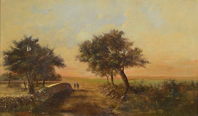 Y. Montero, Spätromantischer Maler, 2.H. 19. Jh., wohl spanische Landschaft im Abendrot, mittig Person mit Esel, Öl/Lwd, ältere Restaurationen, ...