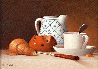 René Walch, geb. 1935, Öl/Lwd, zwei Stillleben, Mirabellen und Frühstücksgeschirr mit Croissant, ca. 14 x 18 cm, 16 x 23 cm