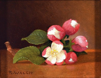 René Walch, geb. 1935, Öl/Lwd, drei Stillleben, signiert, ca. 11 x 13.5 cm, grün gestaltete Holzrahmen ca. 22.5 x 25 cm