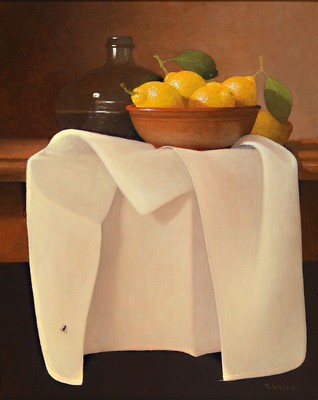 René Walch, geb. 1935, Öl/Lwd, zwei Stillleben, signiert, Petroleumlampe mit Obst, ca. 32 x 40 cm und Flasche mit Zitronen auf weißem Tischtuch, ...