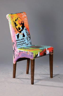 Michael Frey, zeitgenössischer Künstler aus Landau, Street-Art Stuhl, unsigniert, Gesamthöhe ca. 97 cm, Sitzhöhe ca. 49cm, dekorativ, selten im ...