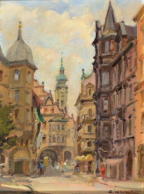 Rinaldo Caressa, 1929-2009, Blick auf das Hofbräuhaus in München, Öl/Lwd, rückseitig signiert und dat. 1984, ca. 40x30cm, R. ca. 51x41cm