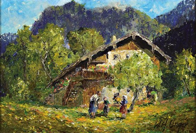 Wolfgang Heinz Unger, 1929 Halle/Saale-2019,deutscher Spätimpressionist und Schüler von Otto Pippel, hier: Beim Blumenpflücken hinter dem Haus, ...