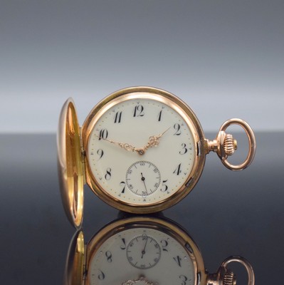 Savonette mit hochfeinem Präzisionsankerwerk, Schweiz um 1900, massives 3-Deckel Goldgeh. mit a-goutte Schlüsse dell., Sprungdeckel mit Monogramm, ...