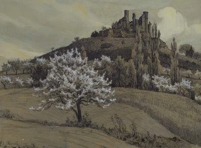 Friedrich Fennel, 1872 Kassel - 1926,, aquarellierte Zeichnung, weiß gehöht, signiert, ca.28 x 38 cm, unter Glas, Rahmen