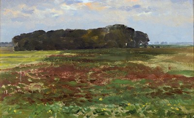 Max Clarenbach, 1880 Neuss-1952 Wittlaer, Landschaft bei Grimmlinghausen, Öl/Malkarton, rechts unten signiert und dat. 1943, ca. 25.5x41cm, R. ca. ...