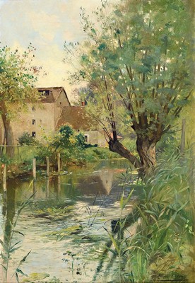 Edmond Charles Yon, 1841 Paris - 1897, Flußlandschaft mit Mühle, Öl/Lwd, re. unten signiert, stimmungsvolle Landschaft vermutlich aus dem Pariser ...