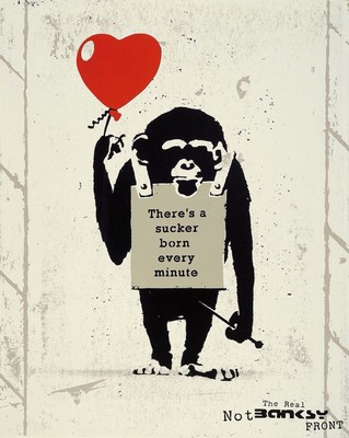 NOT BY BANKSY BY NOT NOT BANKSY, "True Love fake art Suckers!), 2019, Farbsiebdruck auf Pappe, verso sign., num. 44/500, Stempel, inkl. ...