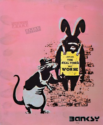 NOT BY BANKSY BY NOT NOT BANKSY, " 11th Hour Worse Rat&Chimp", Sprühtechnik/ Holz, 2019, verso sign., Stempel, ca. 61x50 cm
