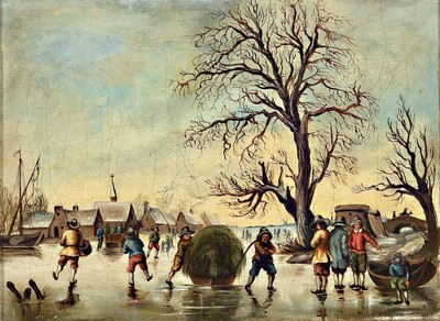 Zwei Traditionalisten, um 1890, Eisvergnügen bzw. Musikant mit Personen im Wirtshaus, Öl/Lwd, unsigniert, nach niederländischem Vorbild des 17. ...