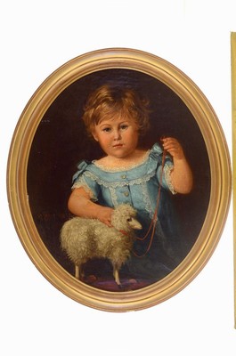Unbekannter Künstler, 2. Hälfte 19. Jh., Kinderporträt, Mädchen im blauen Kleid mit Schäfchen, Öl/Lwd/Karton, Altersschäden, oval, ca. 60 x 80 ...