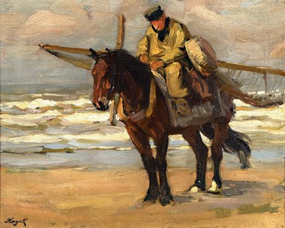 Hans von Hajek, 1869 Graz - 1940 München, Krevettenfischer zu Pferd, Öl/Lwd, li. u. signiert, ca. 40 x 50 cm, Rahmen ca. 52 x 62 cm, Münchener ...