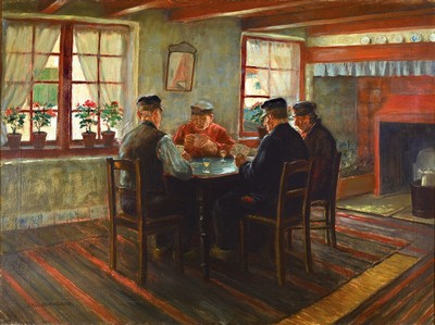 Julius Müller-Massdorf, 1963-1933 Düsseldorf, Interieur mit Karten spielenden Männern, Öl/Lwd, links unten signiert, ca. 60x80cm, R. ca. 70x90cm