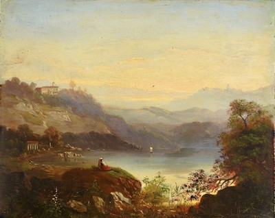 Unbekannter Spätromantiker, deutsch, um 1850-70, junge Frau auf Anhöhe mit Blick auf den See, im Hintergrund Segelschiff und Bauerndorf, Öl/Lwd, ...