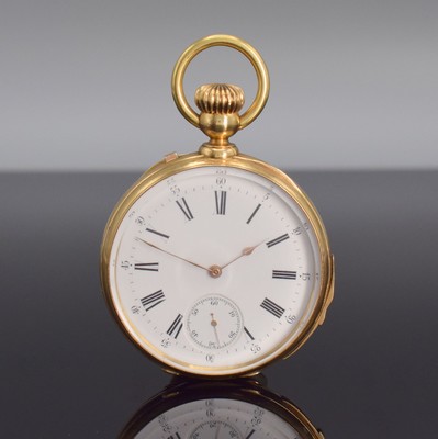 Feine offene Taschenuhr m. 1/4 Stunden- Repetition in GG 750/000, Schweiz um 1880, 2-Deckel Goldgeh. m. a-goutte Schlüssen dell., Rückdeckel mit ...
