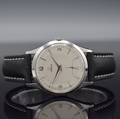 OMEGA Herrenarmbanduhr in Stahl Ref. 2750-1, Schweiz um 1954, Handaufzug, 3-teil. Gehäuse, Boden & Glasrand aufgedr., silb. Zifferbl. mit aufges. ...