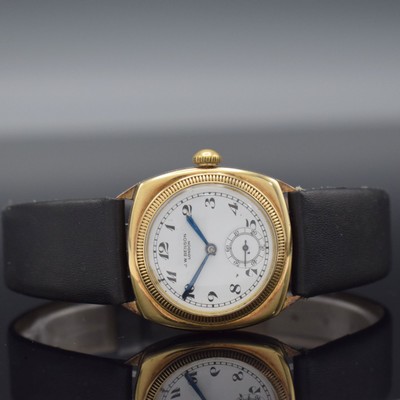 CYMA / J. W. BENSON Armbanduhr in GG 375/000, Schweiz f. brit. Markt um 1930, Handaufzug, aufw. Geh. v. F. Borgel m. geschraubter Lünette, weißes ...