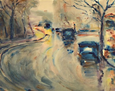 Willibald Kramm, 1891 Frankfurt/Oder - 1969, Straßenansicht mit Autos, "Stadtläufer" bezeichnete sich der Künstler selbst, Aquarell auf ...