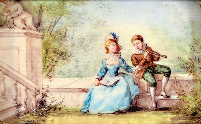 Laure Lévy, 1866 Beaumont-du-Périgord - 1954 Polichinelle, zwei Pendants, Miniaturmalereien, galantes Paar in Parklandschaften, unter Glas, Rahmen, ...