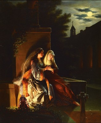 Französischer Künstler, 2. Hälfte 19. Jh., Öl/Lwd, unsigniert, Trauernde, krakeliert, ca. 60 x 50 cm, l. Altersschäden, Rahmen ca. 72 x 63 cm