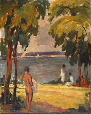 Friedrich August Herkendell, 1876 Düsseldorf -1940, spätimpressionistische Landschaft, Badende am See, Öl/Malkarton, re. u. Signaturstempel, ca. ...