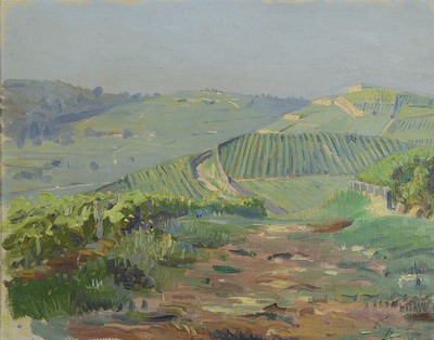 Gustav Ernst, 1858 Elsterberg-1945 Bad Dürkheim, Landschaft bei Bad Dürkheim mit Galgenberg, Öl/Malkarton, ca. 24x30cm, R. ca. 30x37cm