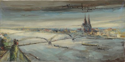 Panoramaansicht von Köln, 1960er Jahre, Öl/Lwd, rechts oben unleserlich signiert, ca. 50x100cm