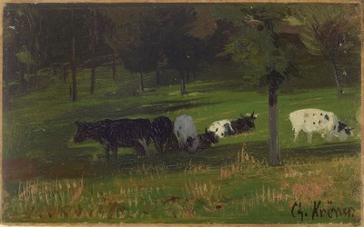 Johann Christian Kröner, 1838 Rinteln-1911 Düsseldorf, Kühe auf der Weide, Öl/ Malkarton, rechts unten signiert, ca. 12x19cm