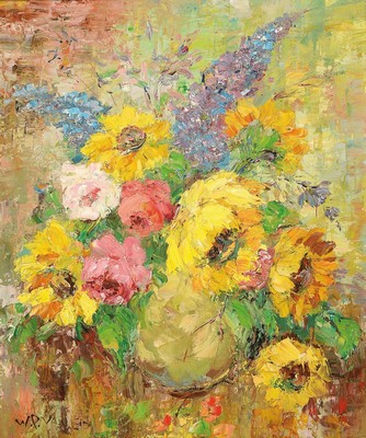 Prof. Walter Prescher van Ed, 1916 Dresden - 1988 Wiesbaden, Blumenstillleben, Öl/Lwd, li.u. signiert und verso bezeichnet "Sommerblumen", ...