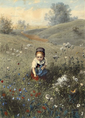 Ludwig Knaus, 1929 - 1910,, Litho, Mädchen beim Blumenpflücken,, unter Glas, PP., 33.5 x 24.5 cm,, Rahmen: 61 x 49 cm, l. best.