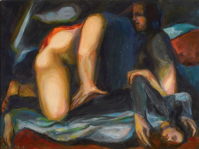 Benno Huth, 1937 Sigmaringen-2020, Studium an der Akademie Karlsruhe bei Karl Hubbuch, Figuren, Öl/Hartfaser, links unten monogr. und dat. 65, ca. ...