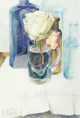 Christel Abresch, 1931 Sulzbach-2011 Neustadt an der Weinstraße, Stillleben mit Flaschen und Rosen, Buntstift und Bleistift auf Papier, links unten ...