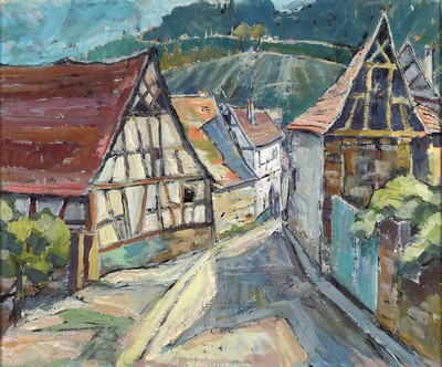 Heinz Reiss, 1923-2012 Haßloch, Fachwerkhäuser in der Pfalz, Öl/Lwd, links unten monogr. und dat. 73, ca. 50x60cm, R. ca. 59x69cm