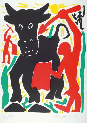 A.R. Penck, 1939 - 2017, Serigrafie auf Karton, Europa, 30/35, handsigniert, aus 1995, 84 x 59.5 cm, Rahmen ca. 87 x 63 cm,