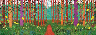 David Hockney, geb. 1937, "The Arrival of Spring", Postkarte, handsign., gerahmt zwischen doppeltem Plexiglas, Motiv ca. 10x22 cm, gesamt ...