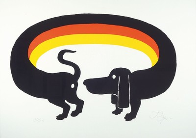 Tomi Ungerer, 1931 - 2019, Serigraphie auf Karton, "Ost meets West", handsigniert, num. 30/35, ca. 59.5 x 84 cm, unter Glas, Rahmen ca. 63 ...