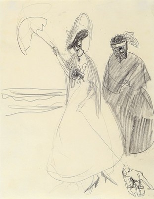 Lyonel Feininger, 1871 1956, Bleistiftzeichnung auf Papier, um 1907, Dame mit Dienerin und kleinem Affen an der Promenade, unsigniert, mit ...