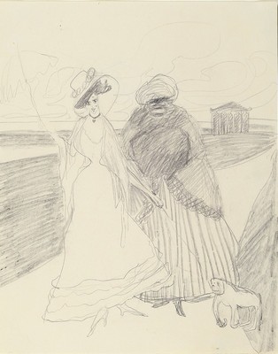 Lyonel Feininger, 1871 1956, Bleistiftzeichnung auf Papier, um 1907, Dame mit Dienerin und kleinem Affen an der Promenade, unsigniert, mit Echtheits ...