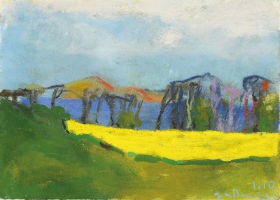 Klaus Fußmann, geb. 1938, Rapsfeld mit Blick auf einen See, Pastell auf Papier, handsigniert, unleserlich dat., ca. 41 x 29.5 cm, Rahmen 44 x 54 cm