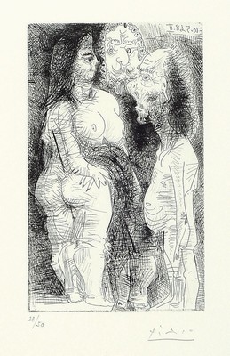 Pablo Picasso, 1881 - 1973, Aquatinta- und Kaltnadelradierung, Titel: "Grosse Courtisane, avec un Vieillard et un Spectateur", 1968, ...