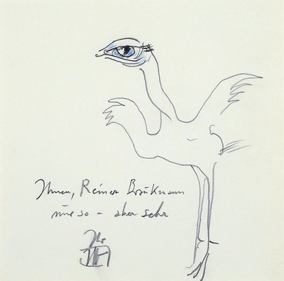 Horst Janssen,1929-1995, Bleistift und Buntstiftzeichnung auf Papier, "Vogel", monogrammiert "Ihr HJ", handschriftlich ...