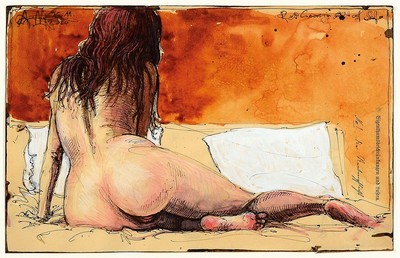 Andreas Noßmann, geb. 1962, Federzeichnung und Aquarell und Farbstift auf altem Karton, "Rothaariger Akt auf Sofa, Blattgr. 20.5 x 32csigniert ...