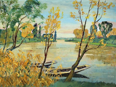 Georg Vorhauer, 1903 Paris-1981 Neustadt a.d. Weinstr., Am Altrhein, Öl/Lwd, rechts unten signiert, ca. 90x120cm, R. ca. 103x133cm